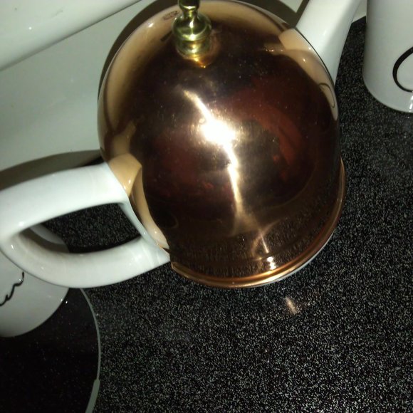 Exc Vtg Teapot w.copper thermal cover tea steeper 3 Homer Laughlin teacups bonus - Picture 3 of 14